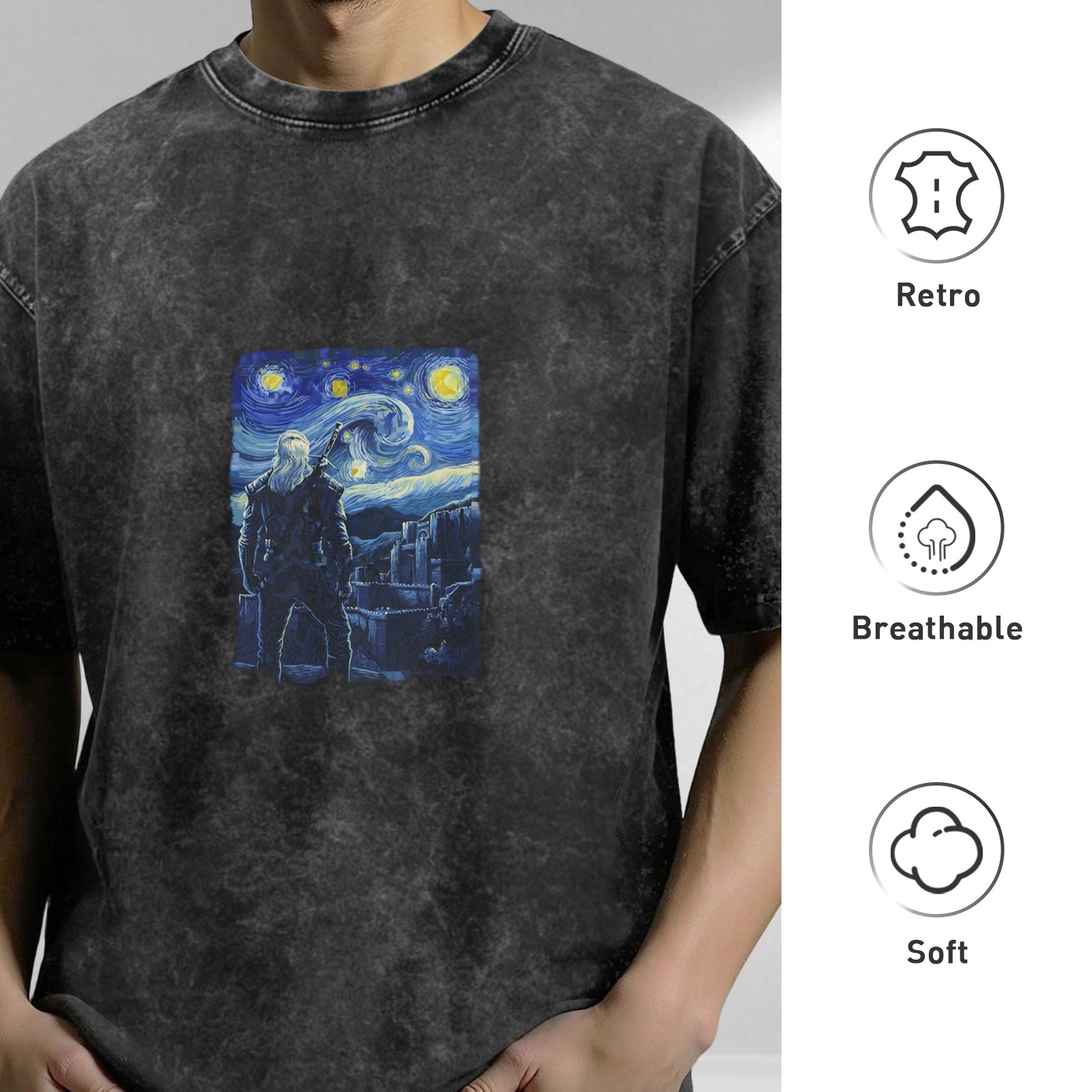 Distressed washed black round neck short-sleeved T-shirt Van Gogh starry night theme print loose casual top