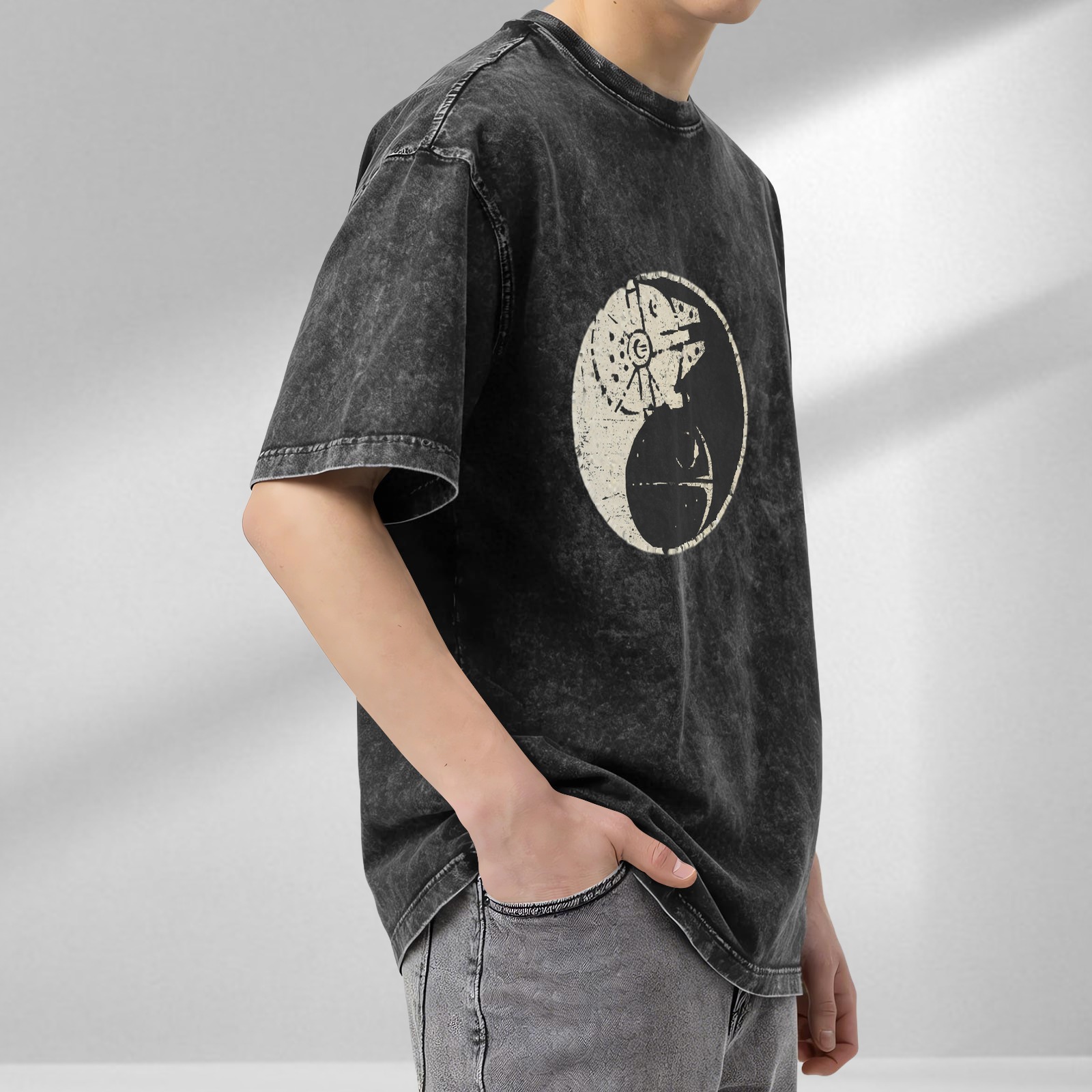 Star Wars Yin Yang Graphic Acid Wash T-Shirt, Oversized Short Sleeve Crew Neck Tee, Casual Streetwear Top