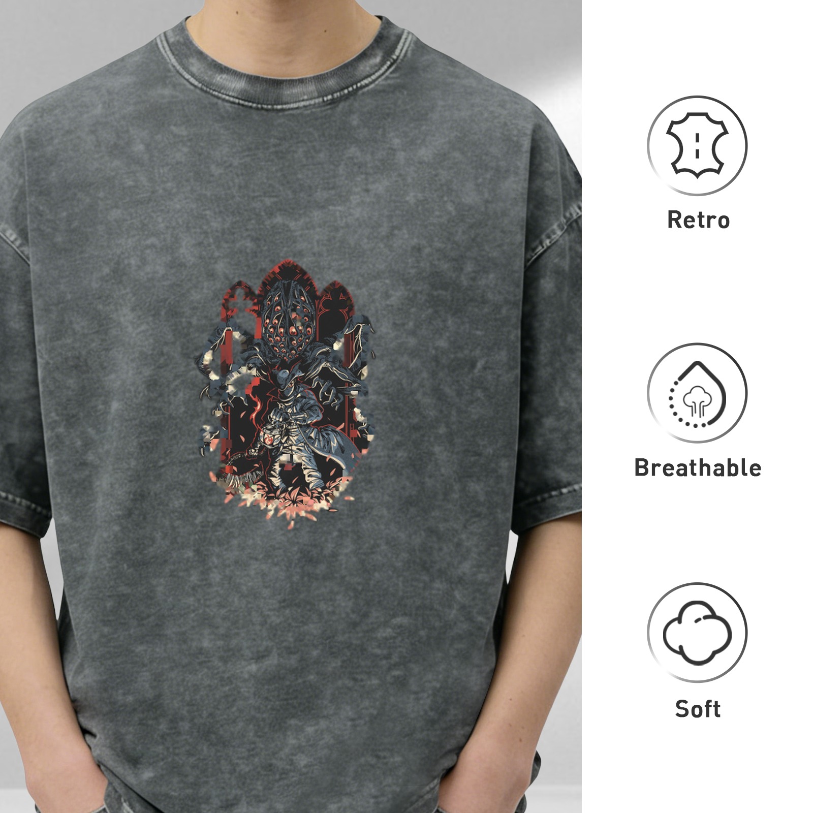 Distressed black loose short-sleeved T-shirt with dark style monster print