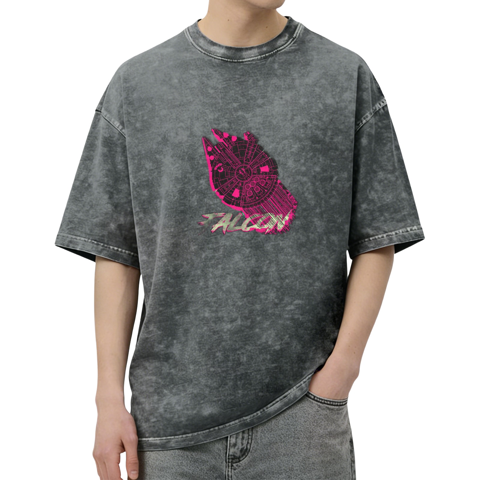 Distressed black short-sleeved T-shirt, pink Millennium Falcon pattern on the chest, FALCON print, loose fit