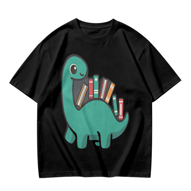 Olive T-shirt with cute dinosaur carrying books graphic