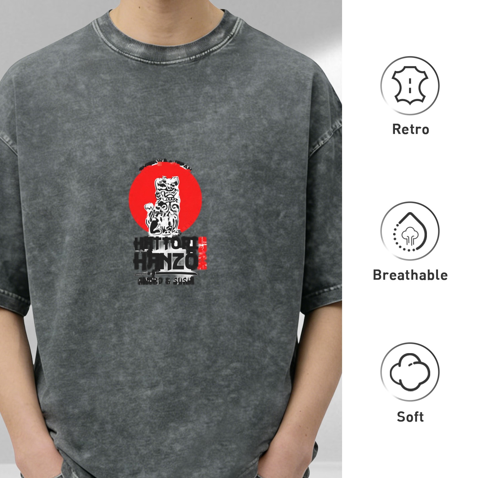 Washed black graphic t-shirt with guardian lion and red sun design