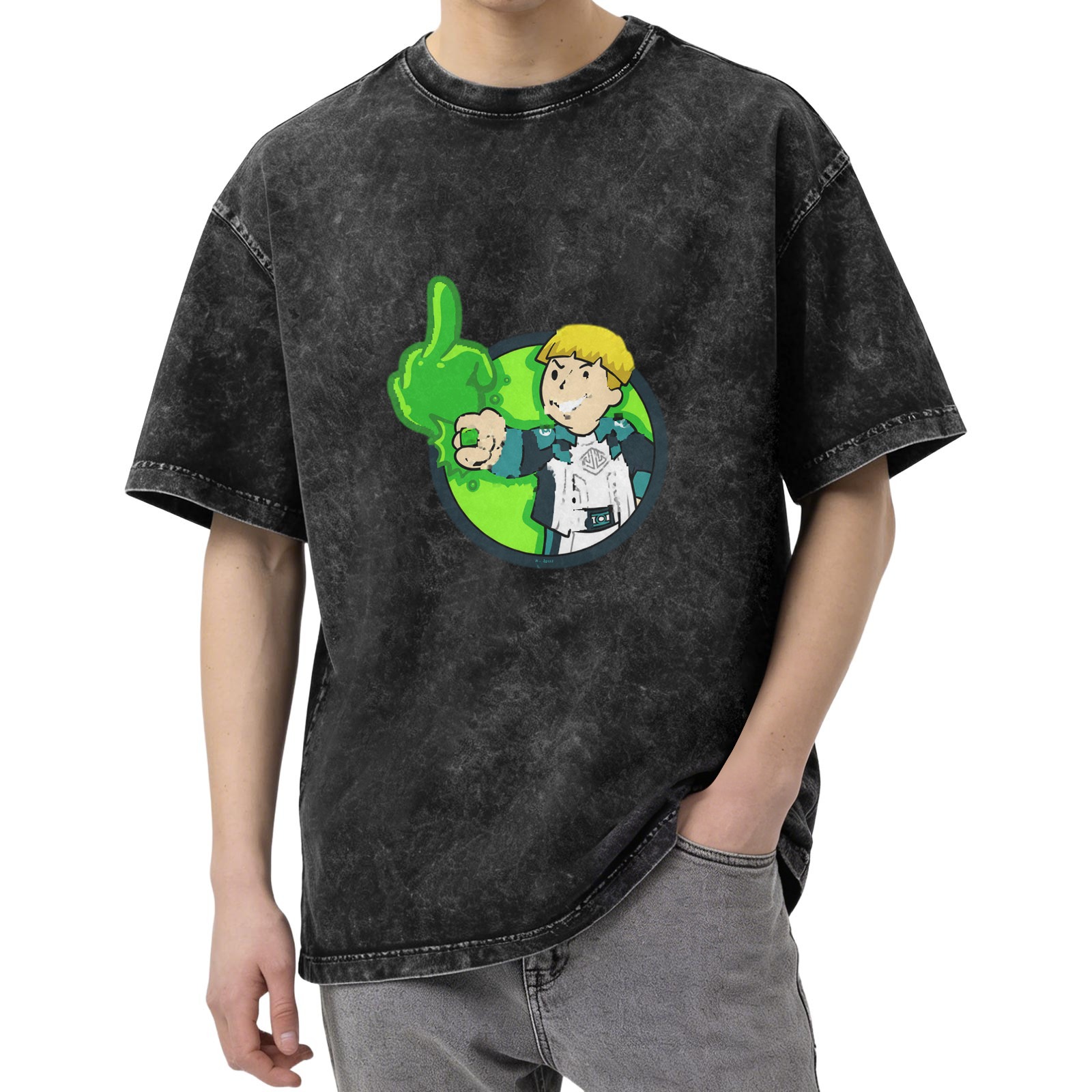 Oversized Acid Wash T-Shirt With Cartoon Character And Green Slime Graphic