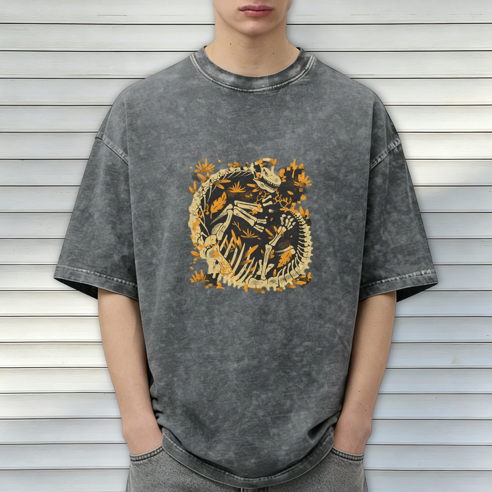 Oversized Acid Wash T-Shirt with Dinosaur Skeleton Fossil Print