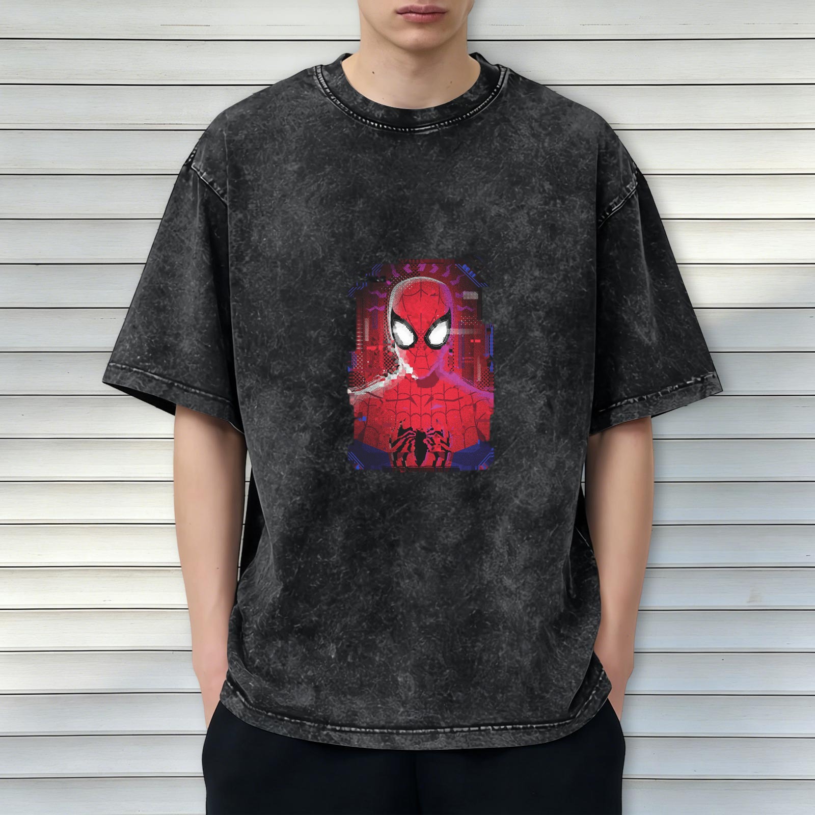 Washed Black Oversized T-Shirt with Spider-Man Graphic
