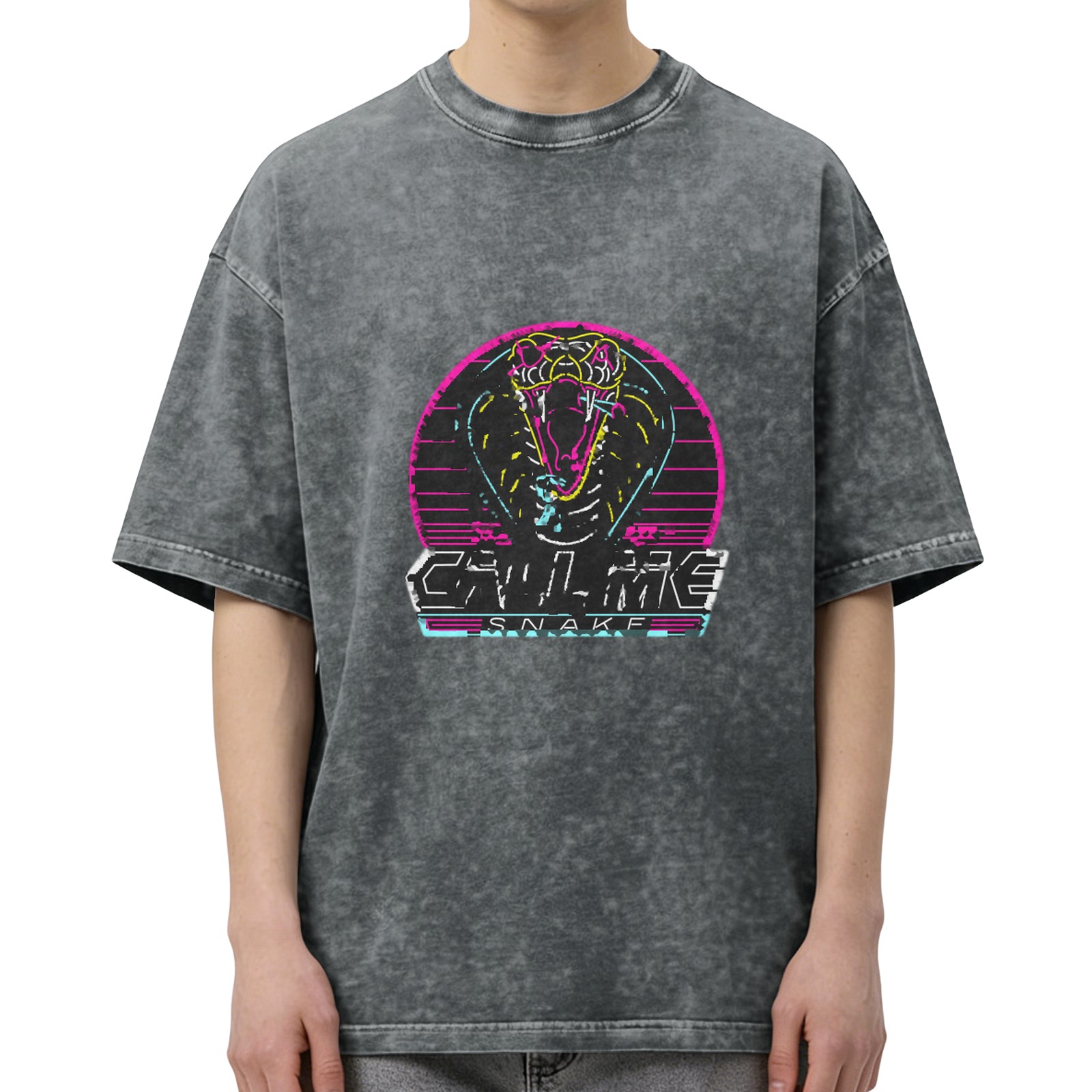 Oversized Acid Wash T-Shirt with Neon Cobra Call Me Snake Graphic