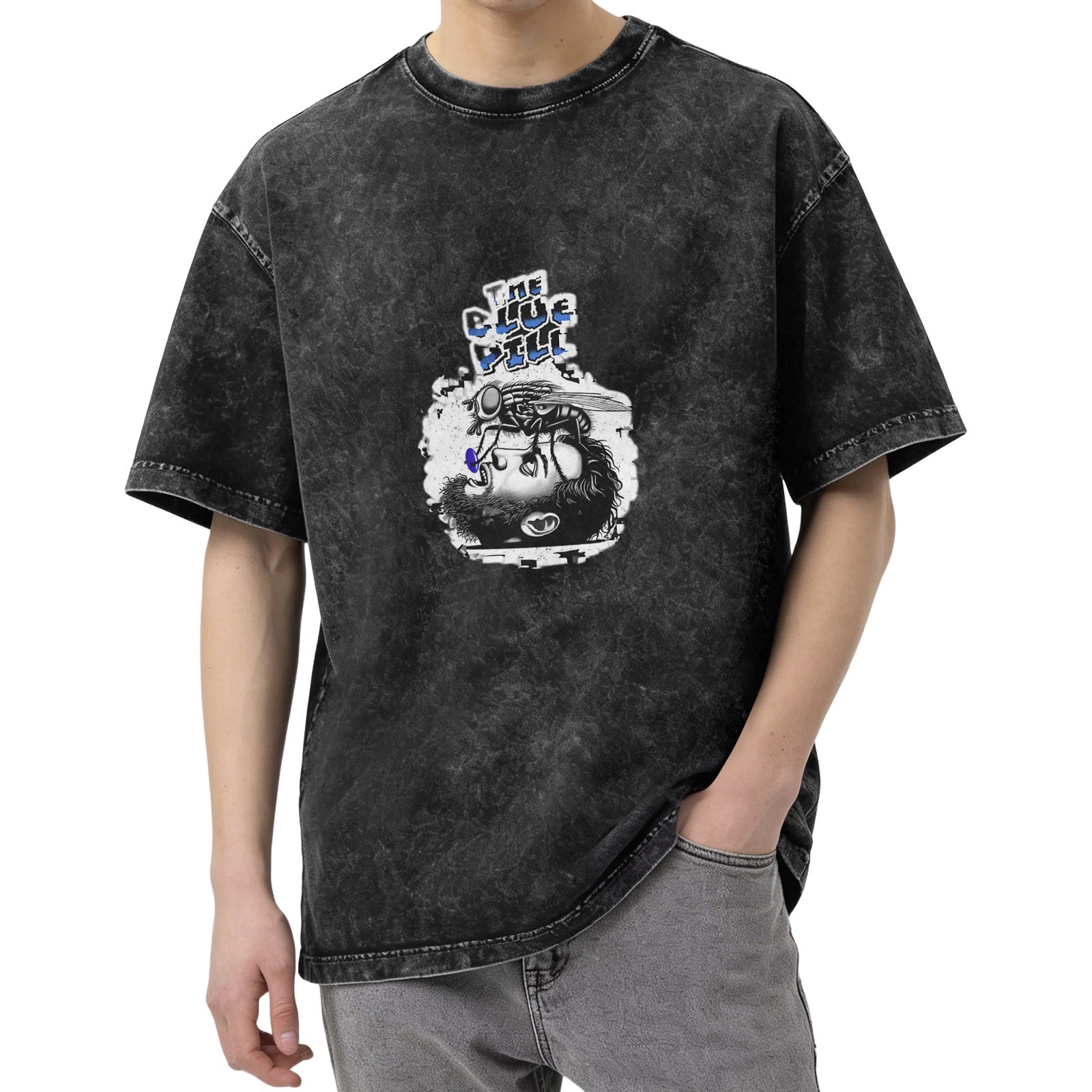 Oversized Acid Wash T-Shirt With The Blue Pill Fly Graphic Print