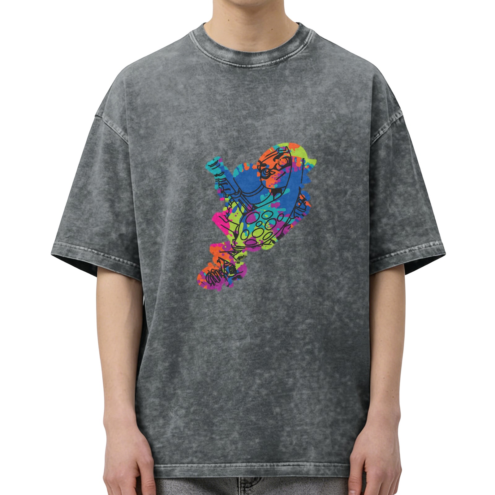 Acid Wash Black T-Shirt With Colorful Splatter Art Print