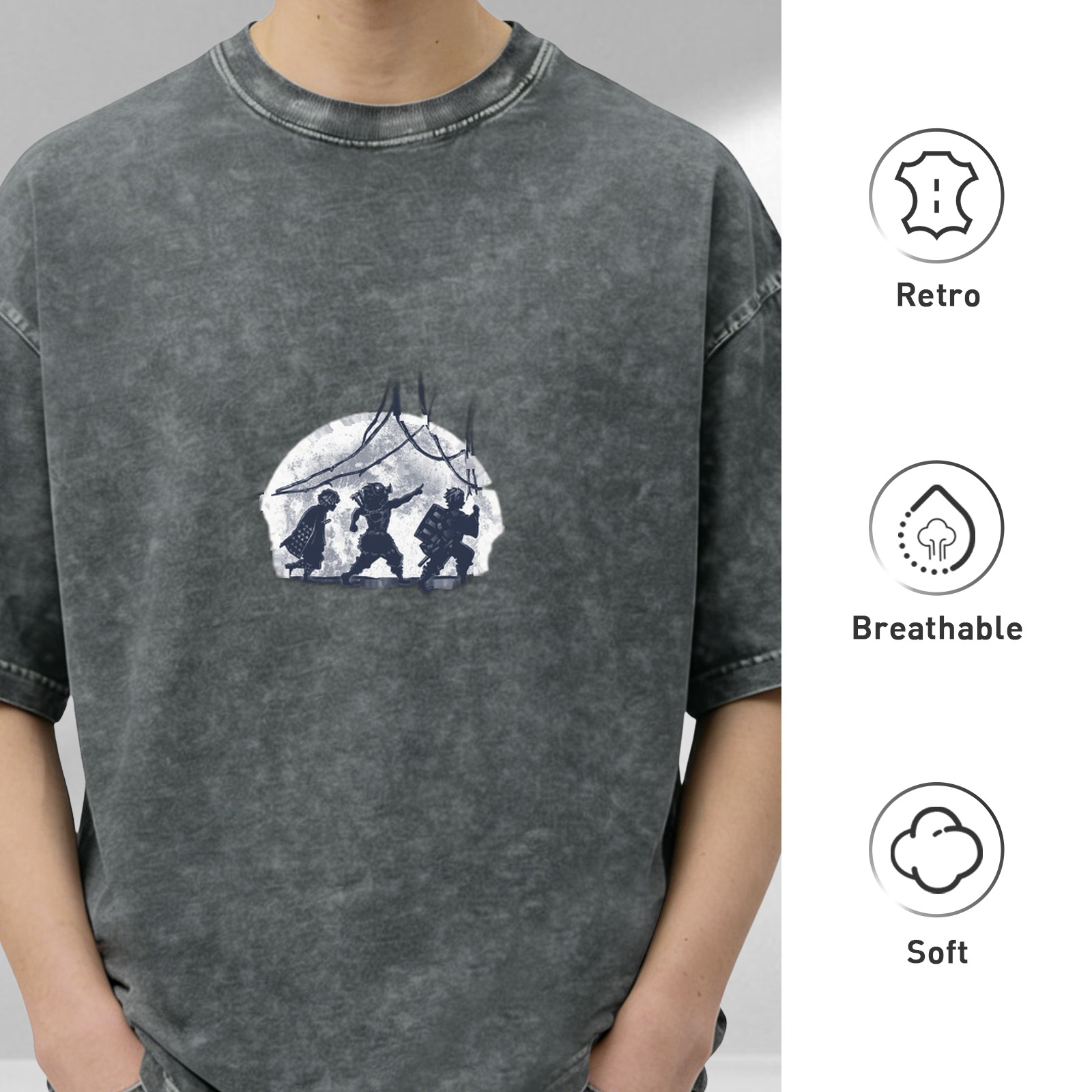 Washed Black Oversized T-Shirt With Moon Warrior Silhouette Graphic