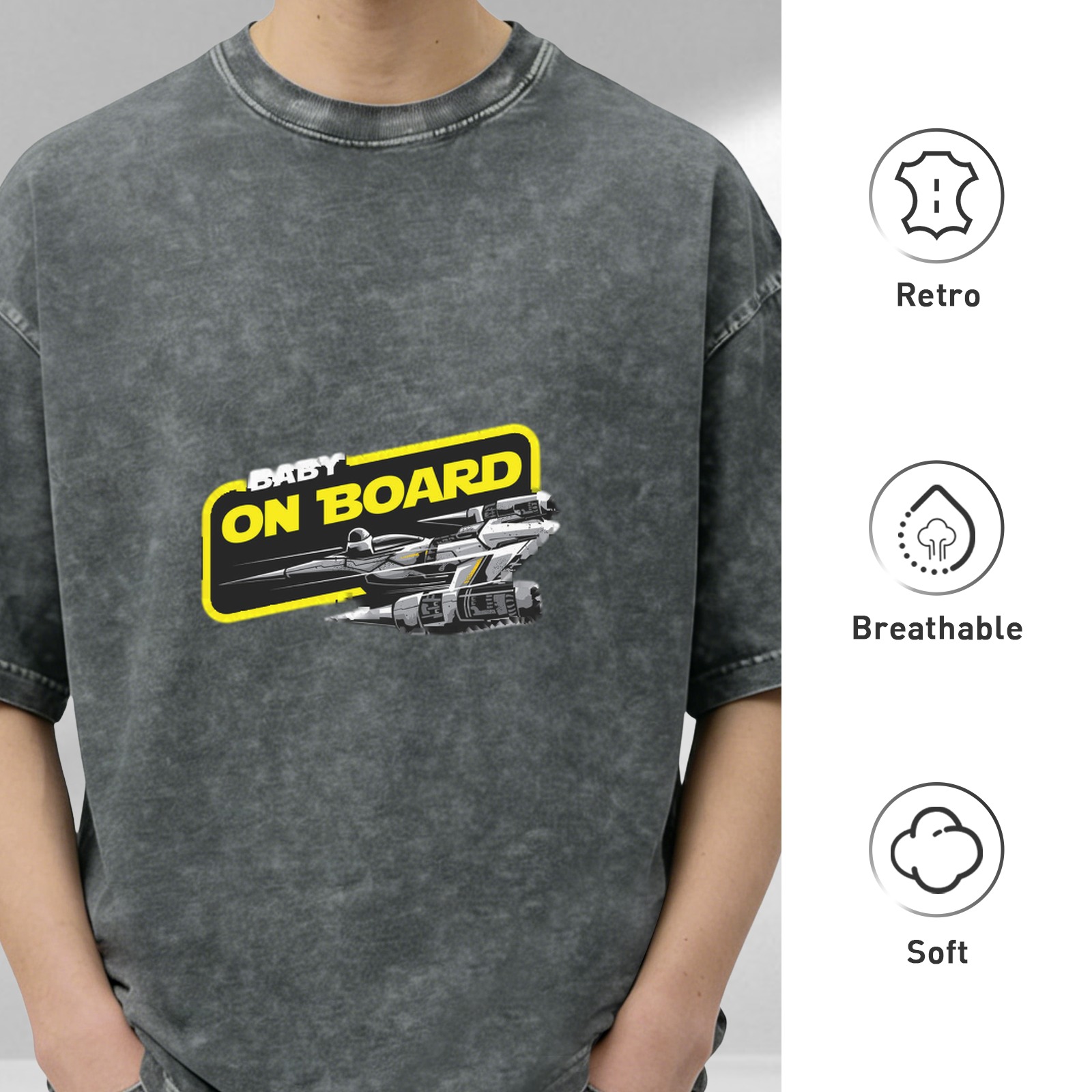 Star Wars Style Baby On Board Graphic Acid Wash T-Shirt