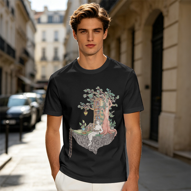 Olive t-shirt with whimsical floating treehouse reading scene print
