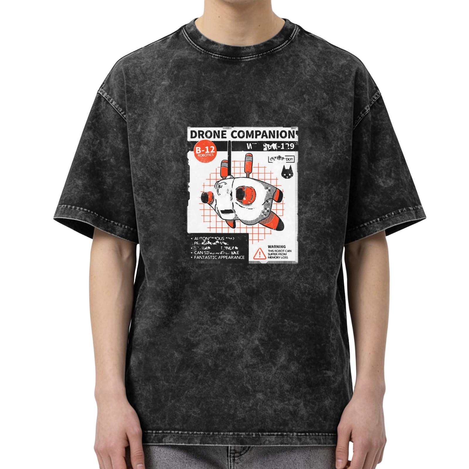 Oversized Black Stonewashed T-Shirt with Drone Companion Graphic Print