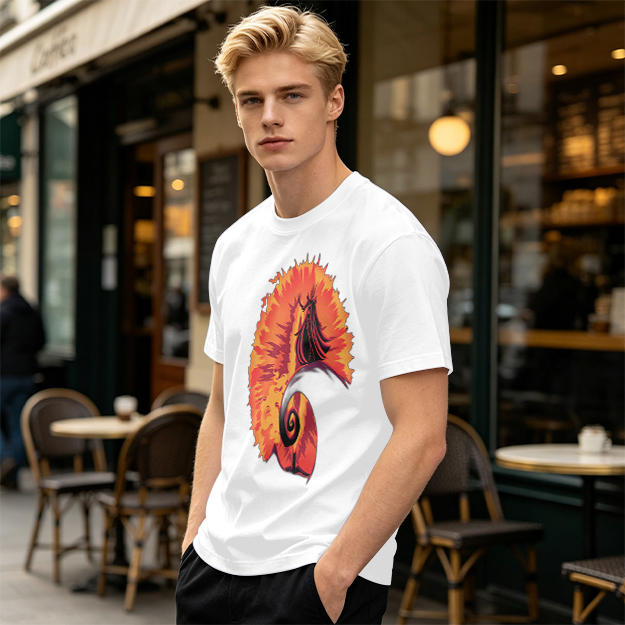 Olive T-Shirt With Fiery Spiral And Silhouette Figure Print