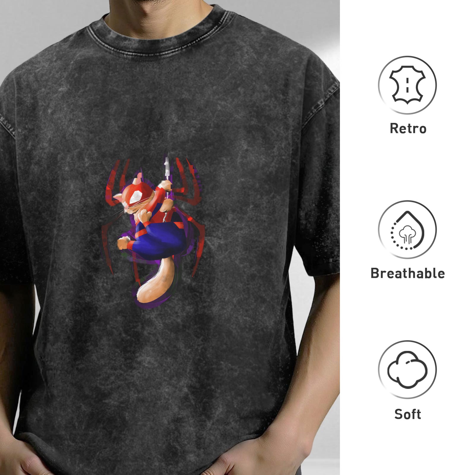 Oversized Acid Wash T-Shirt With Spider Cat Graphic Print