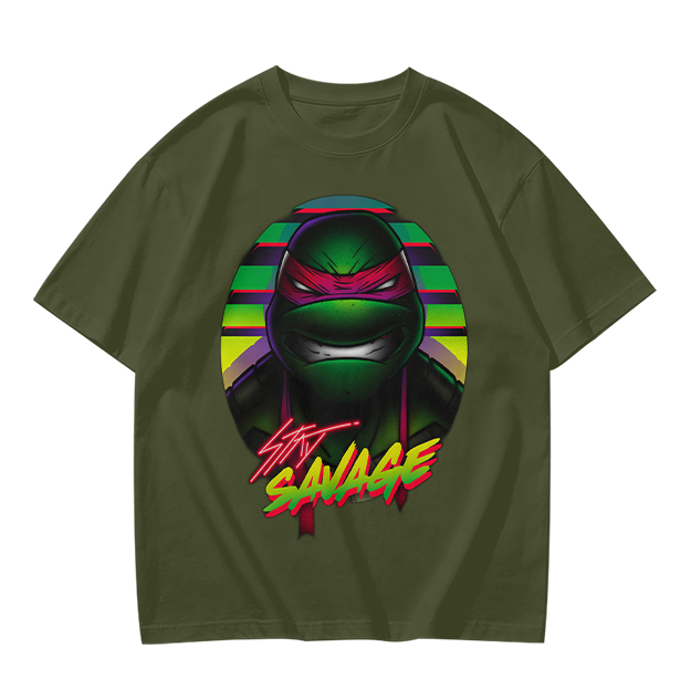 Olive T-Shirt with Retro Ninja Turtle 'Stay Savage' Graphic