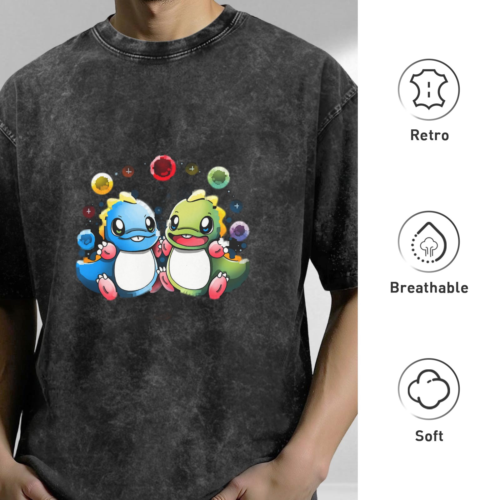 Washed black graphic t-shirt with cute cartoon dinosaurs and colorful bubbles