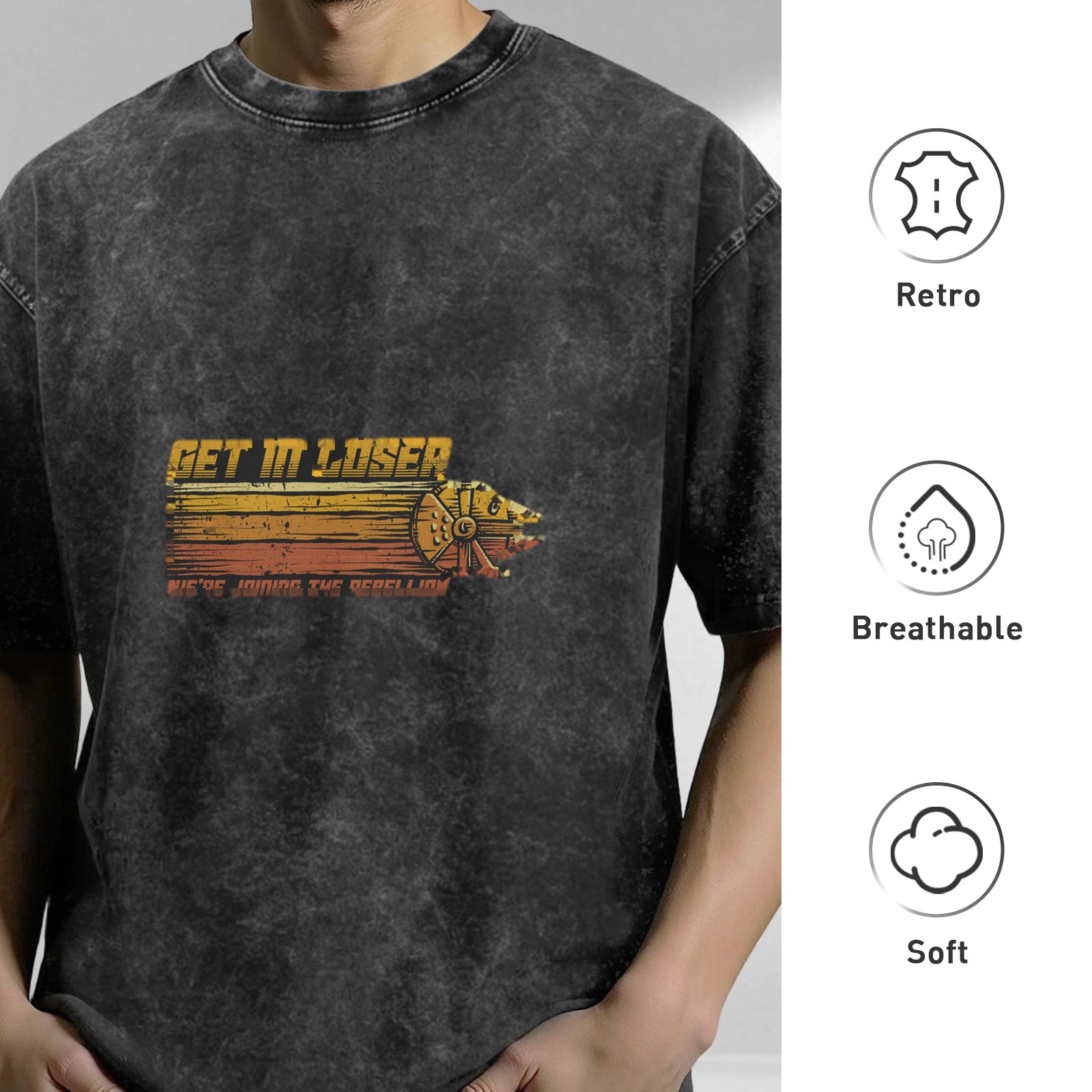 Star Wars themed 'Get In Loser We're Joining The Rebellion' graphic acid wash oversized short sleeve t-shirt