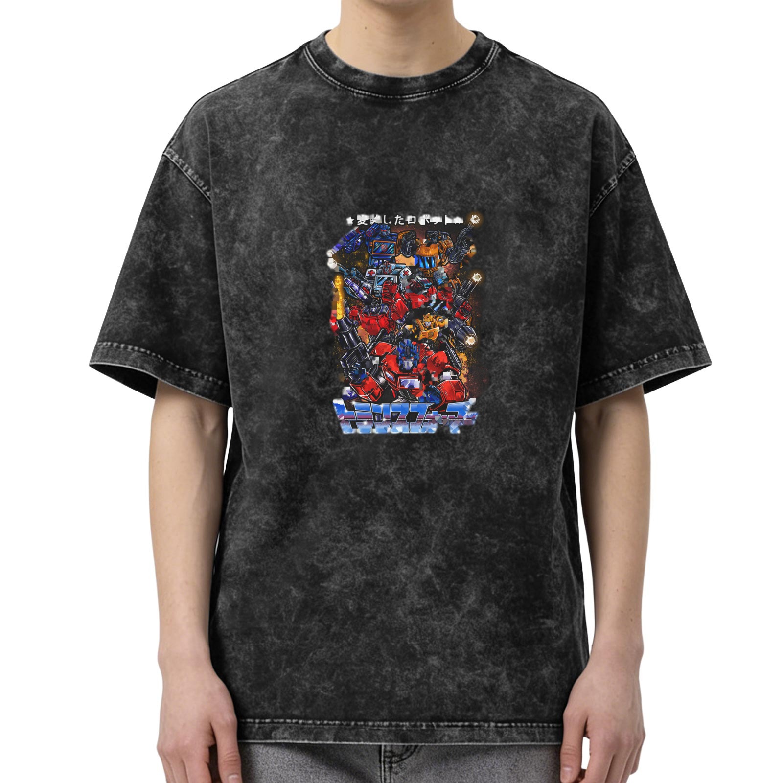 Washed Black T-Shirt with Transformer Robot Graphic Print