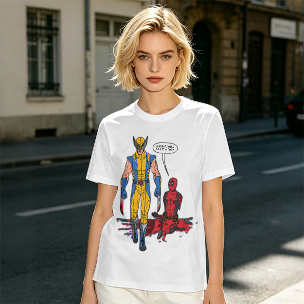 Olive T-Shirt Featuring Wolverine and Deadpool Comic Art