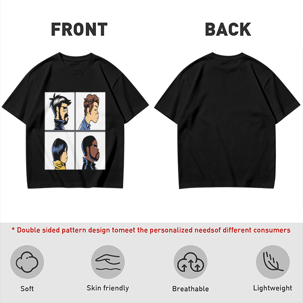 Olive T-Shirt With Four Cartoon Character Profile Portraits