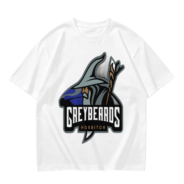Olive t-shirt with Greybeards Hobbiton wizard graphic