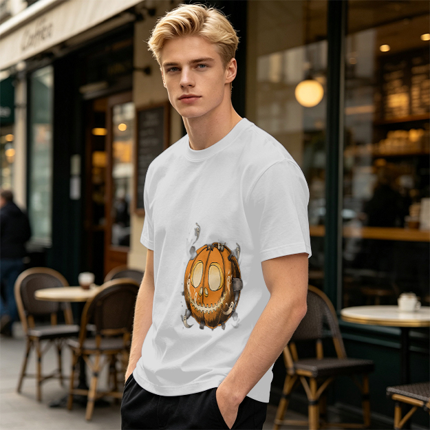 Olive Green T-Shirt With Spooky Halloween Pumpkin Ghost Print