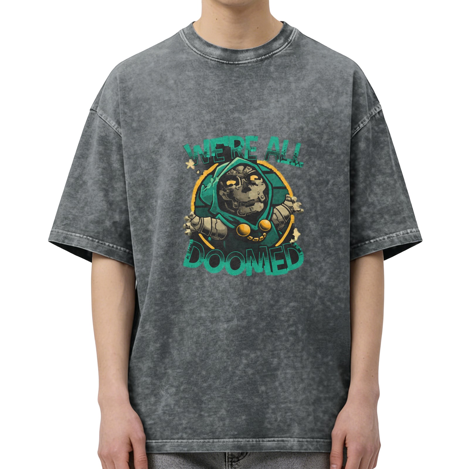 Retro washed black loose short-sleeved T-shirt Marvel Doctor Doom themed print 'WE'RE ALL DOOMED' graphic top