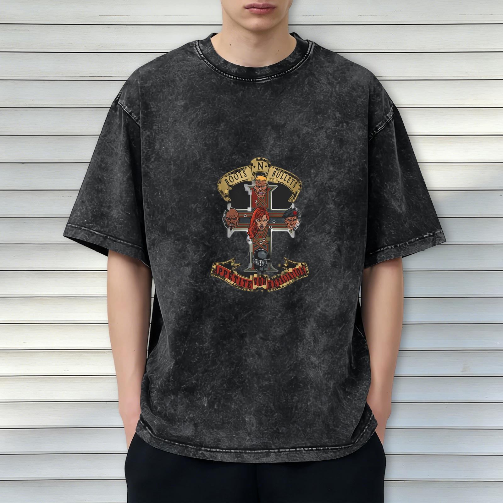 Washed black graphic t-shirt with cross and character print