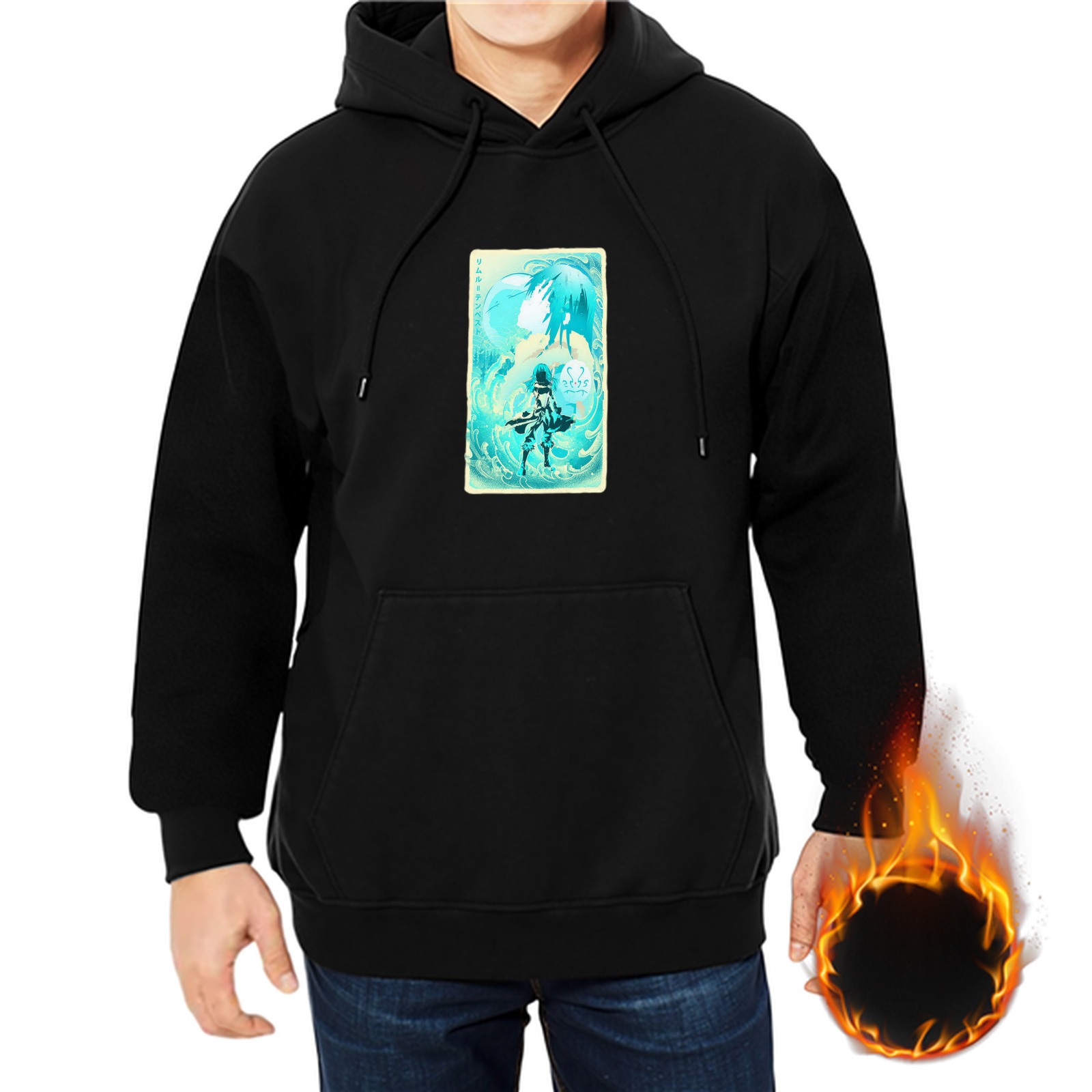 Black Hoodie With Turquoise Anime Character Graphic Print