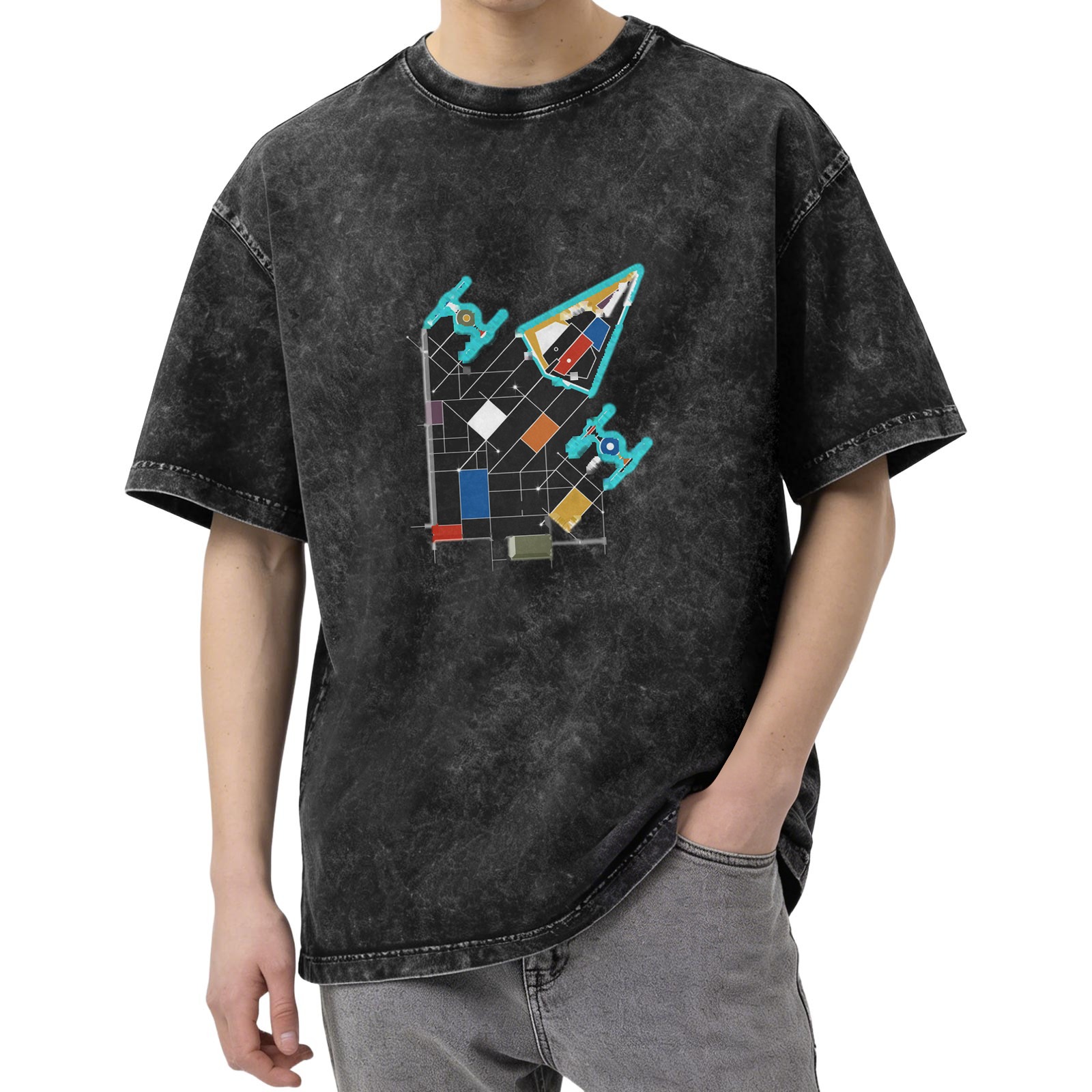 Oversized Acid Wash T-Shirt with Abstract Geometric Space Ship Graphic