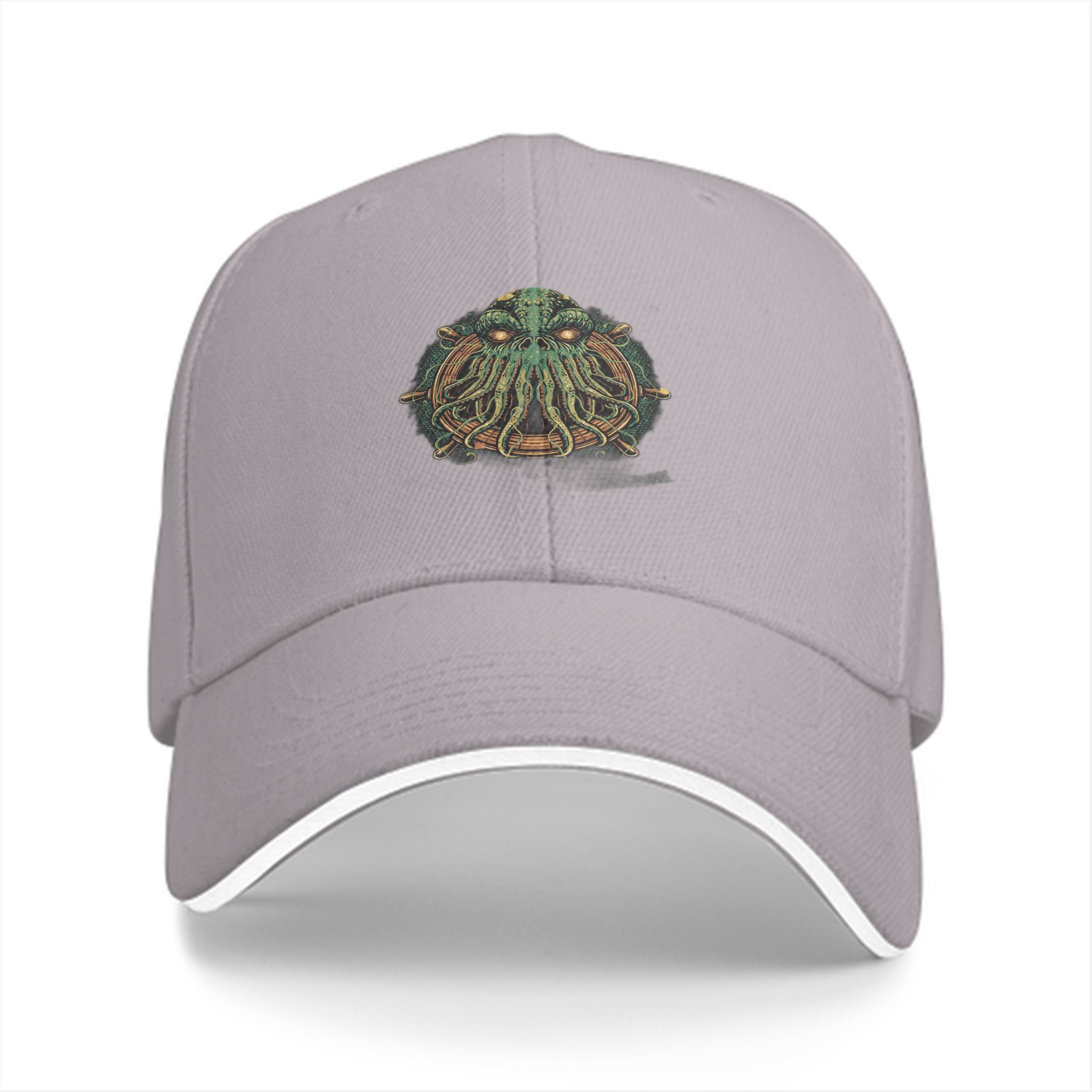 Black Baseball Cap With Cthulhu Ship Wheel Graphic