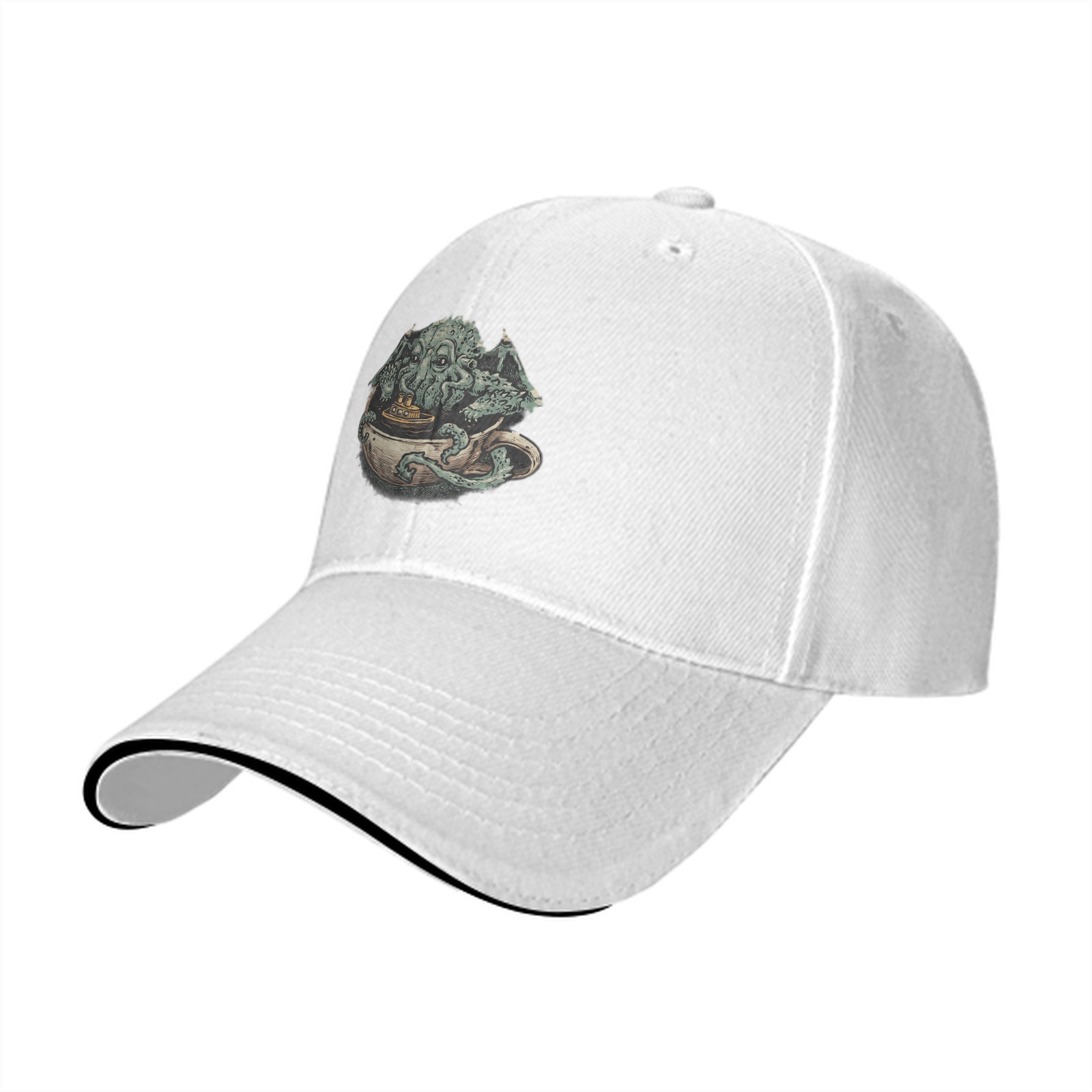 Black Baseball Cap With Cthulhu In Teacup Graphic Print
