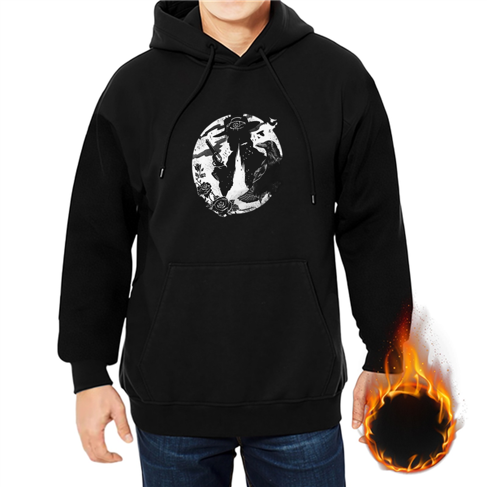 Black Hoodie With Gothic Cowboy Crow And Roses Graphic Print