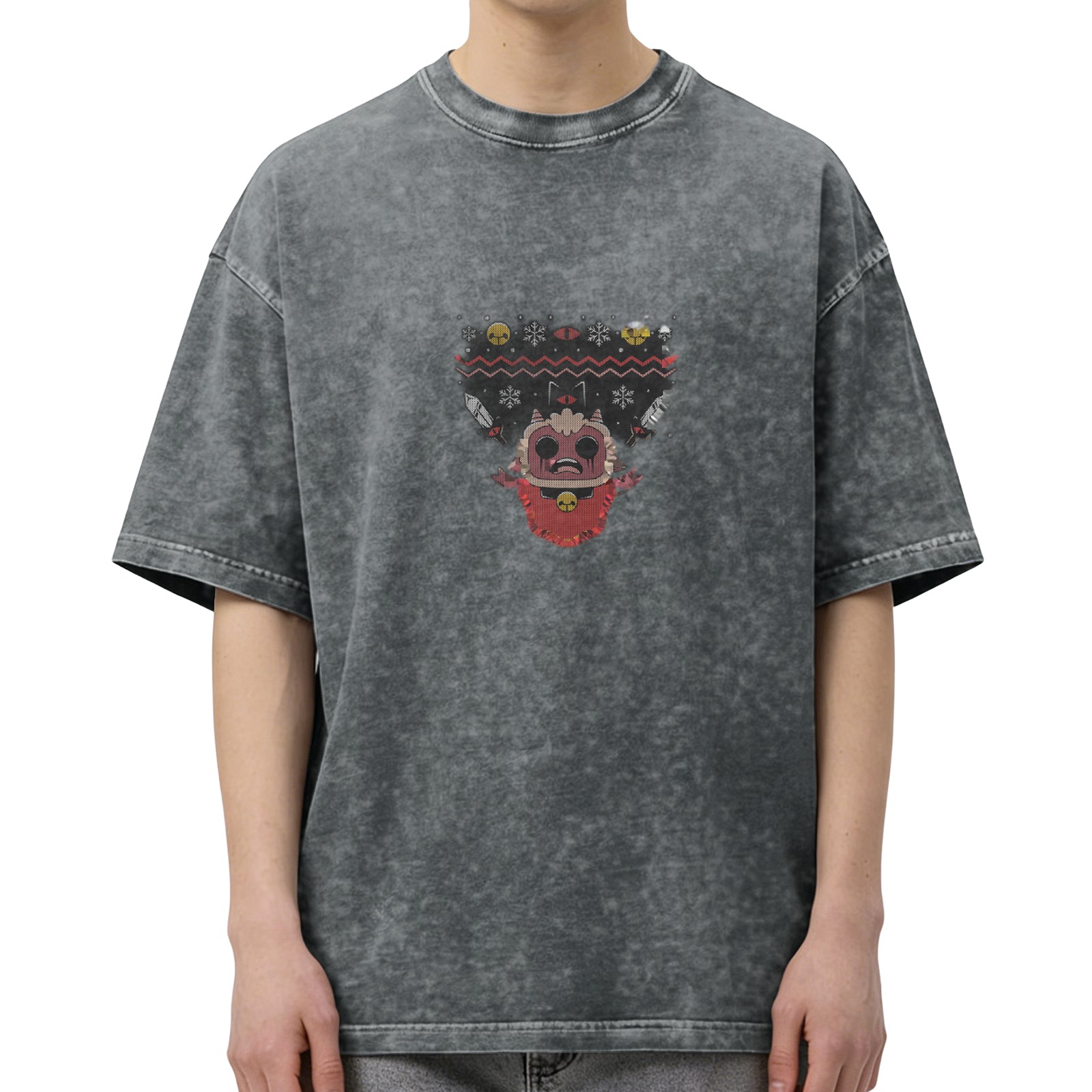 Washed Black T-Shirt With Festive Demon Graphic Print