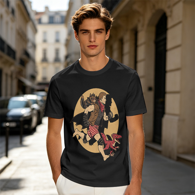 Olive T-Shirt With Fantasy Running Character And Creatures Print