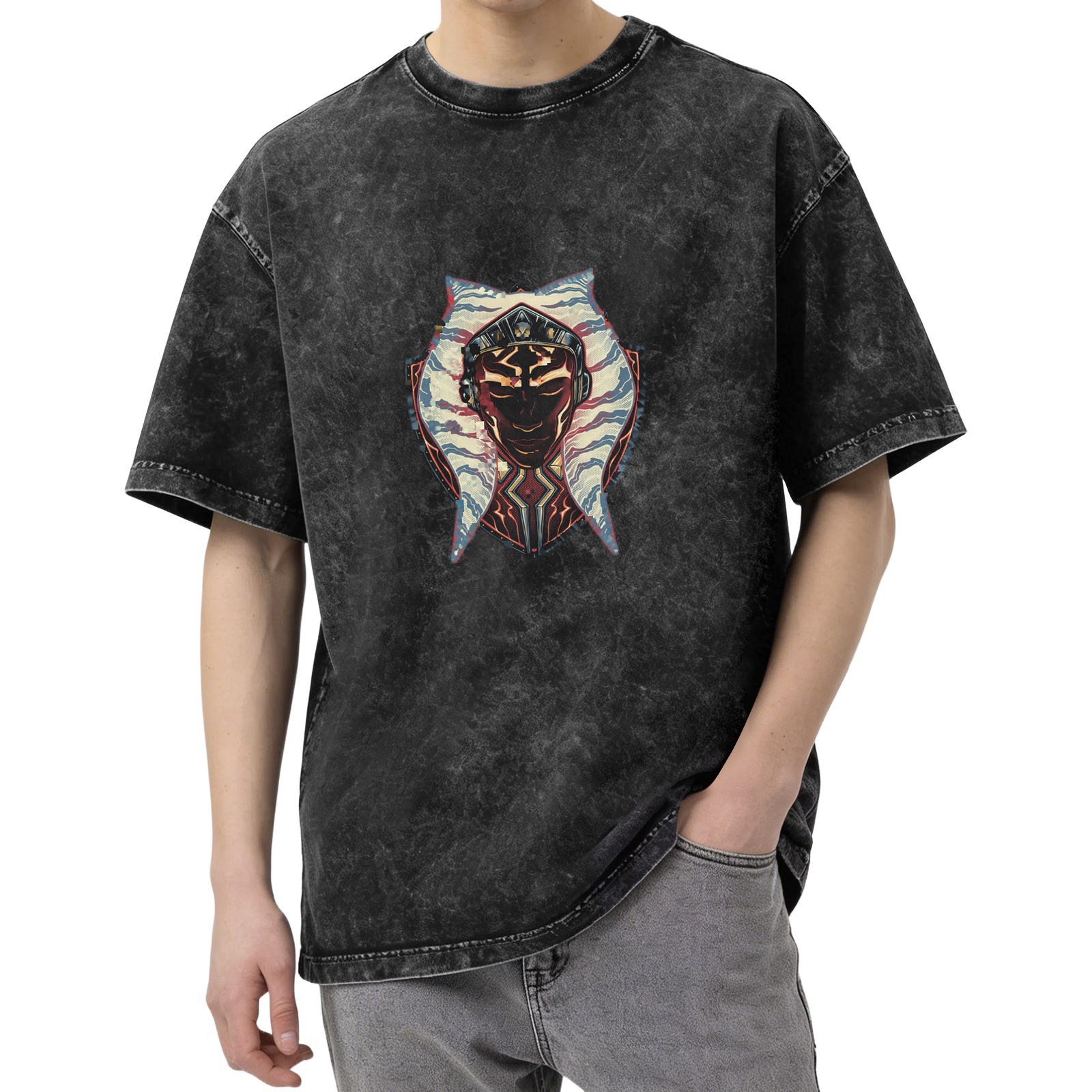Washed Black T-Shirt With Ahsoka Tano Graphic Print