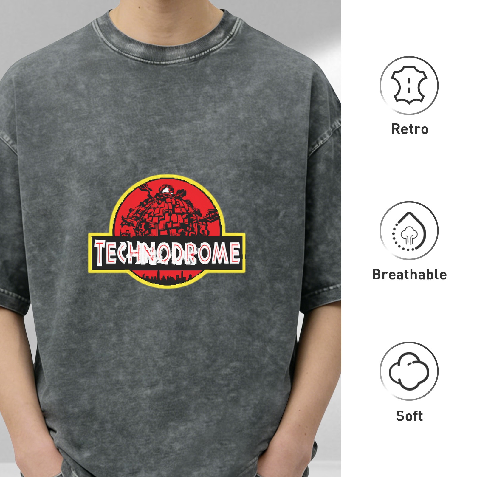 Washed Black T-Shirt With Technodrome Jurassic Style Logo