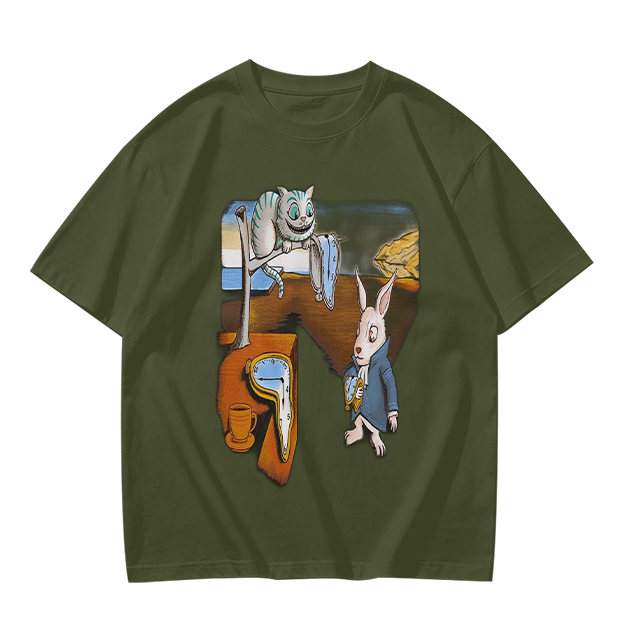 Olive T-Shirt with Surreal Alice in Wonderland Art Print