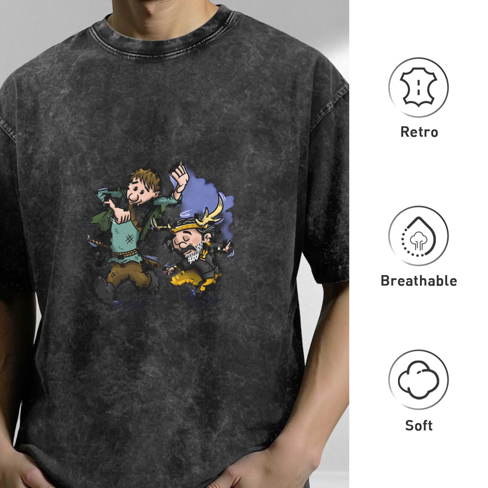 Washed Black T-Shirt With Cartoon Fantasy Character Print