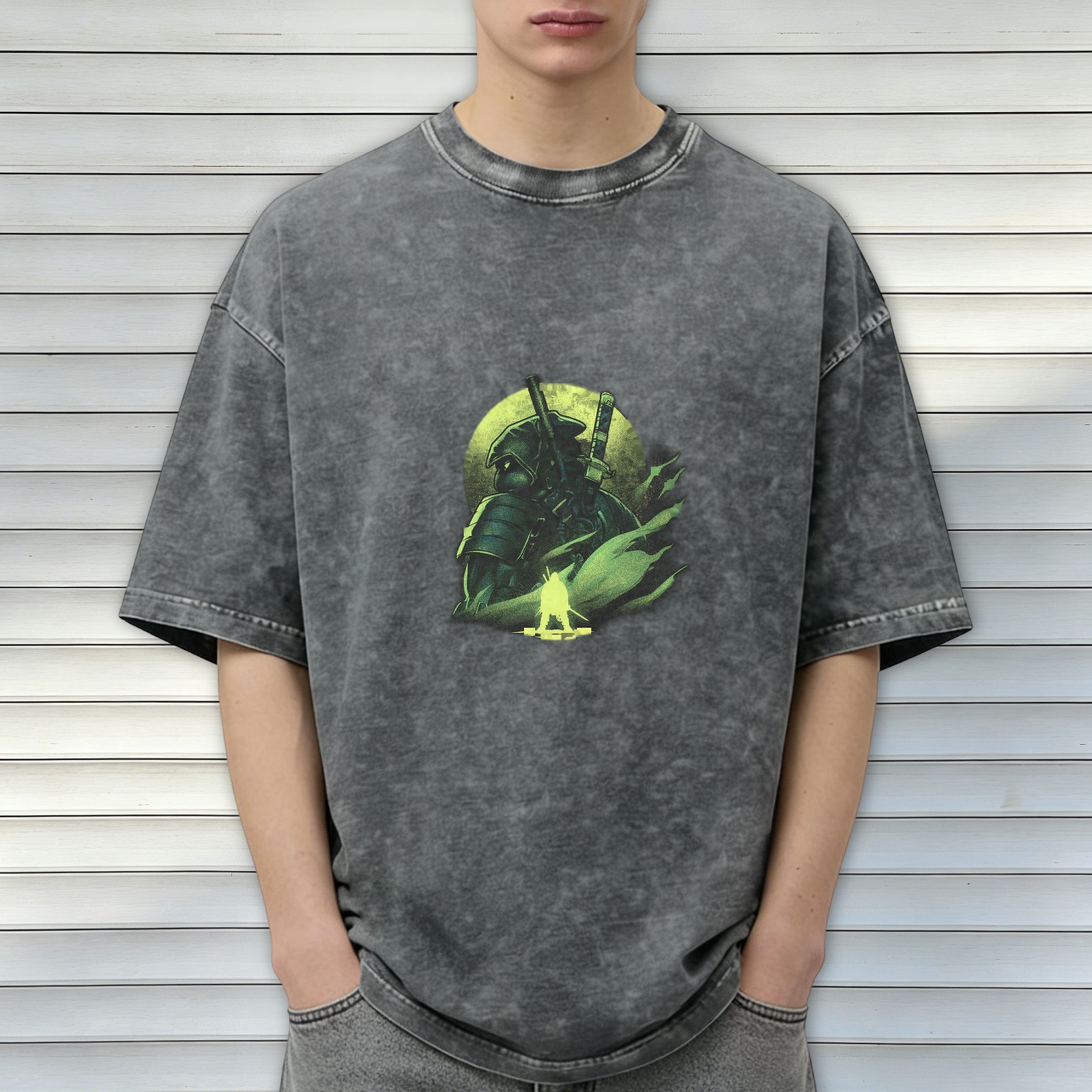 Oversized Acid Wash T-Shirt With Glowing Samurai Print
