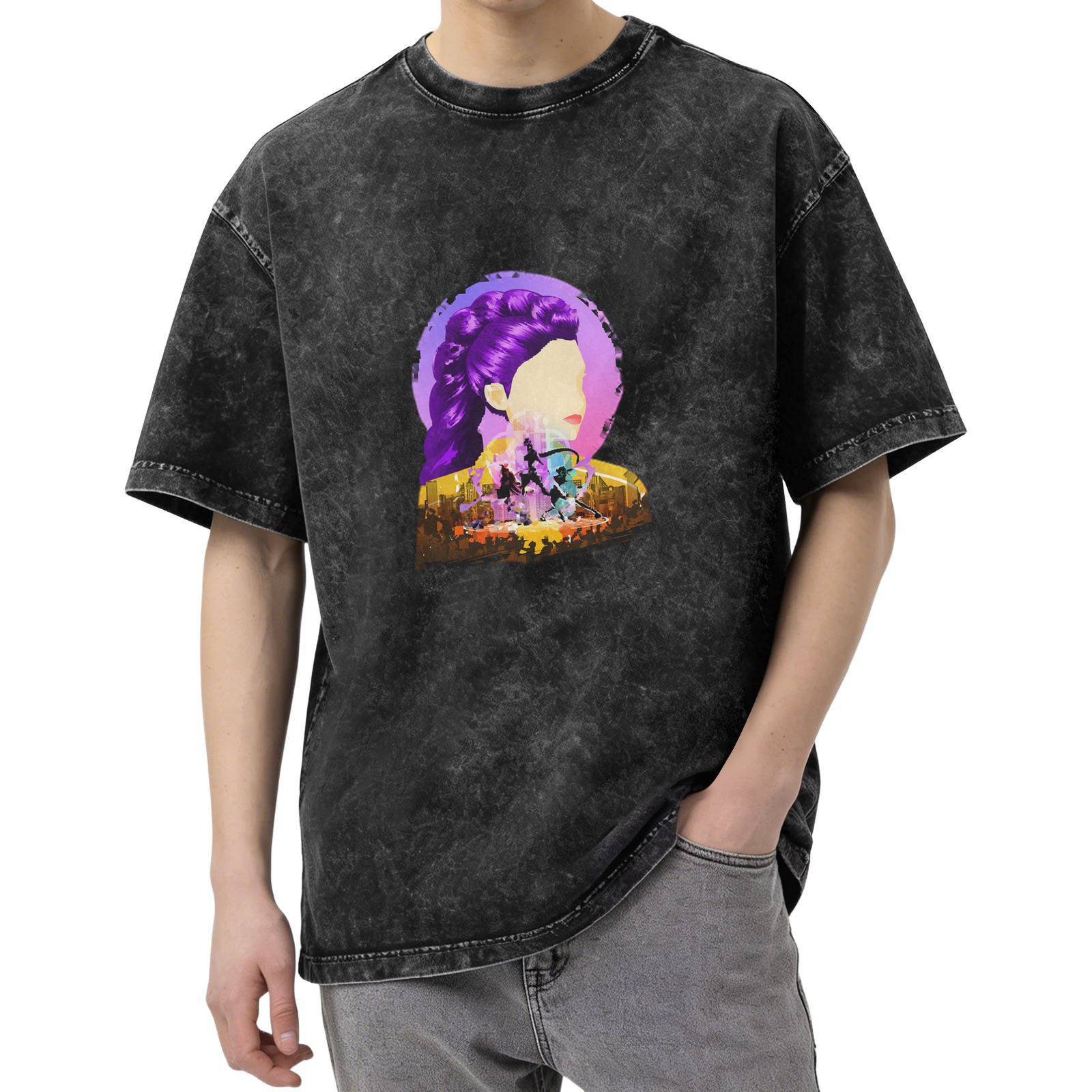 Oversized Acid Wash Graphic T-Shirt with Stylized Purple-Haired Woman Art Print