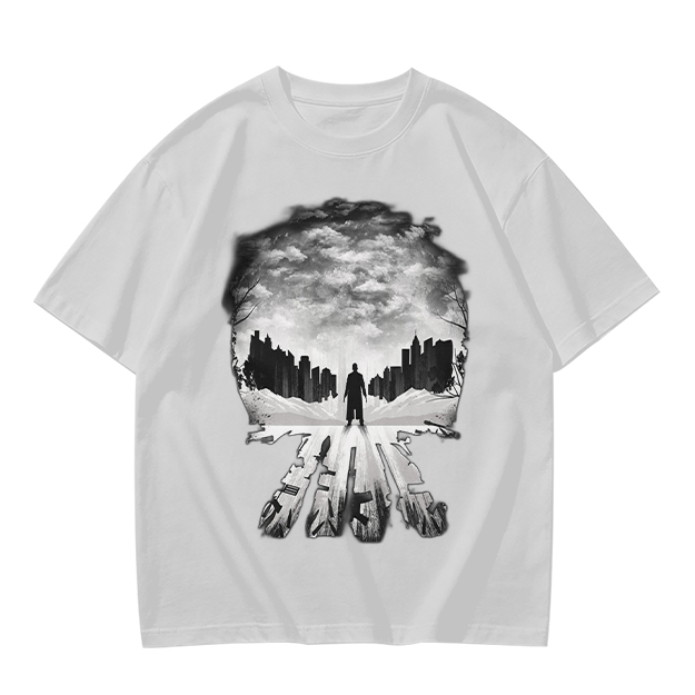 Olive Green T-Shirt With Skull Silhouette Cityscape Artwork