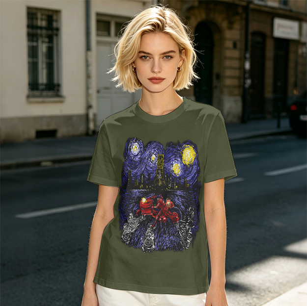 Olive T-Shirt with Starry Night Superhero Cityscape Art Print