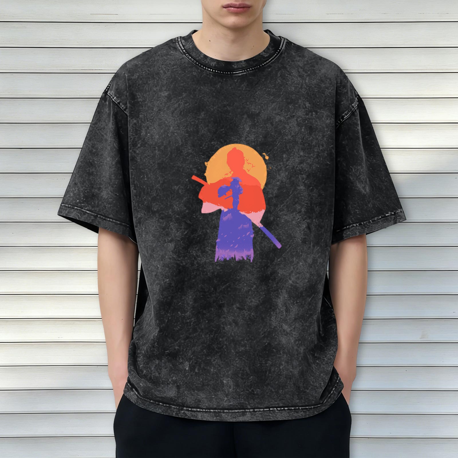 Washed black graphic t-shirt with samurai sunset silhouette print