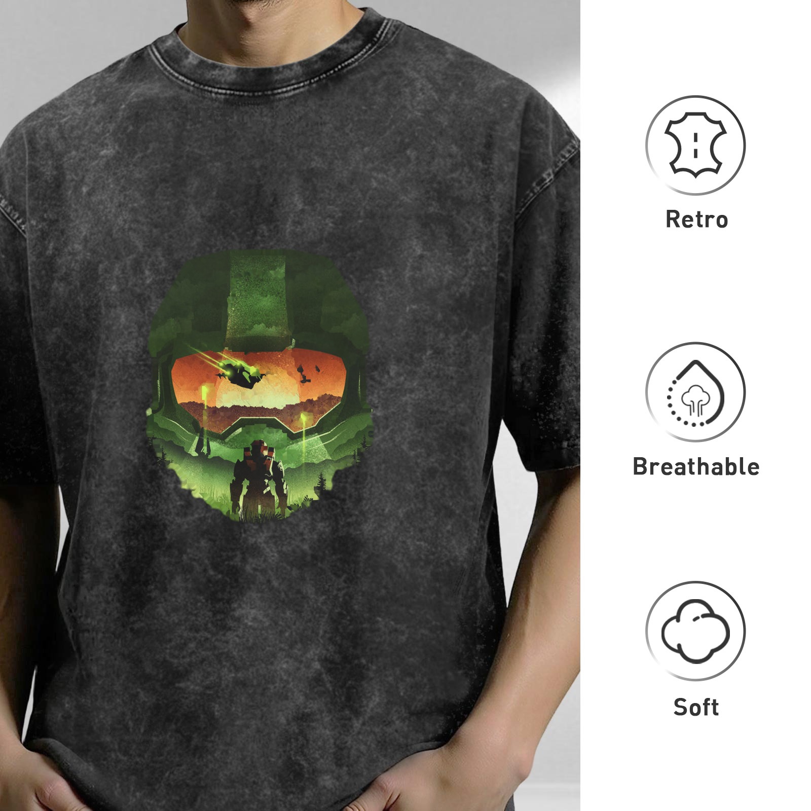 Halo Master Chief Helmet Silhouette Graphic Acid Wash T-Shirt