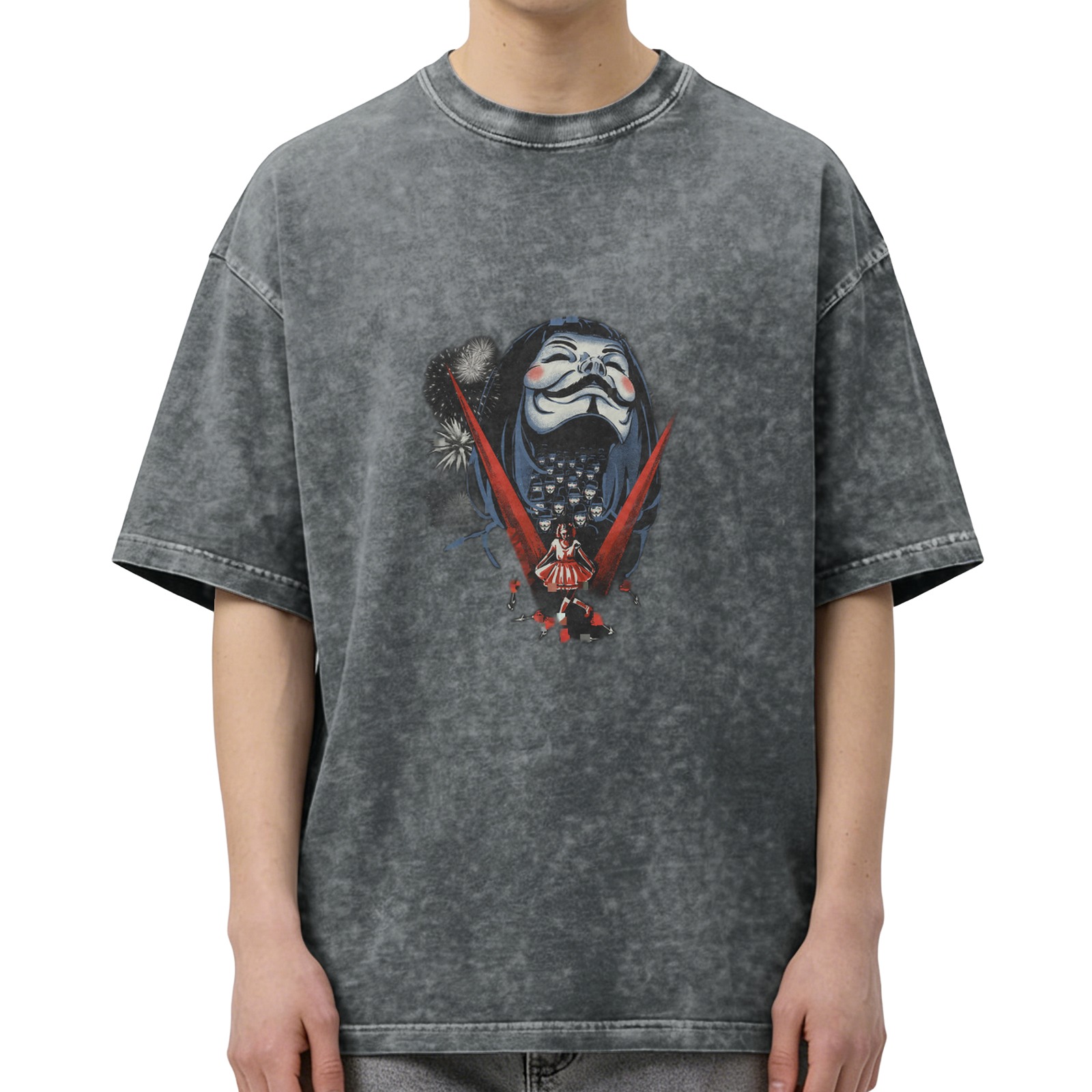 Washed Graphic T-Shirt With Anonymous Mask And Fireworks Print