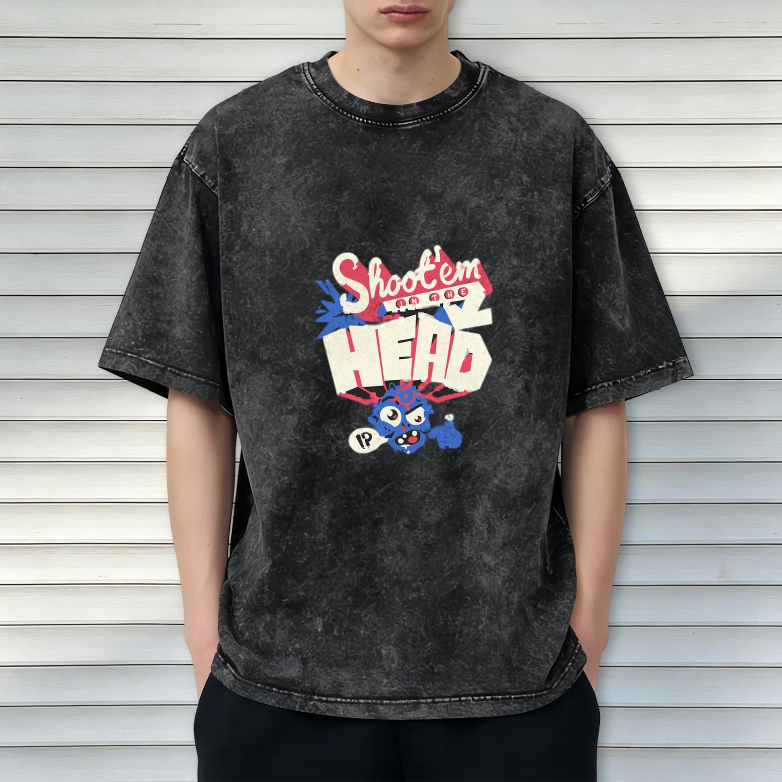 Oversized Acid Wash T-Shirt With Shoot Em In The Head Graphic