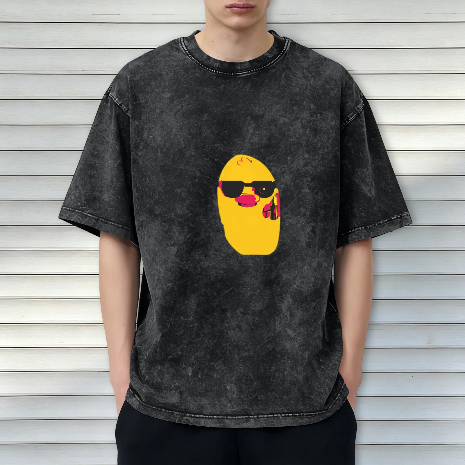 Washed Black T-Shirt With Cool Sunglass Duck Graphic