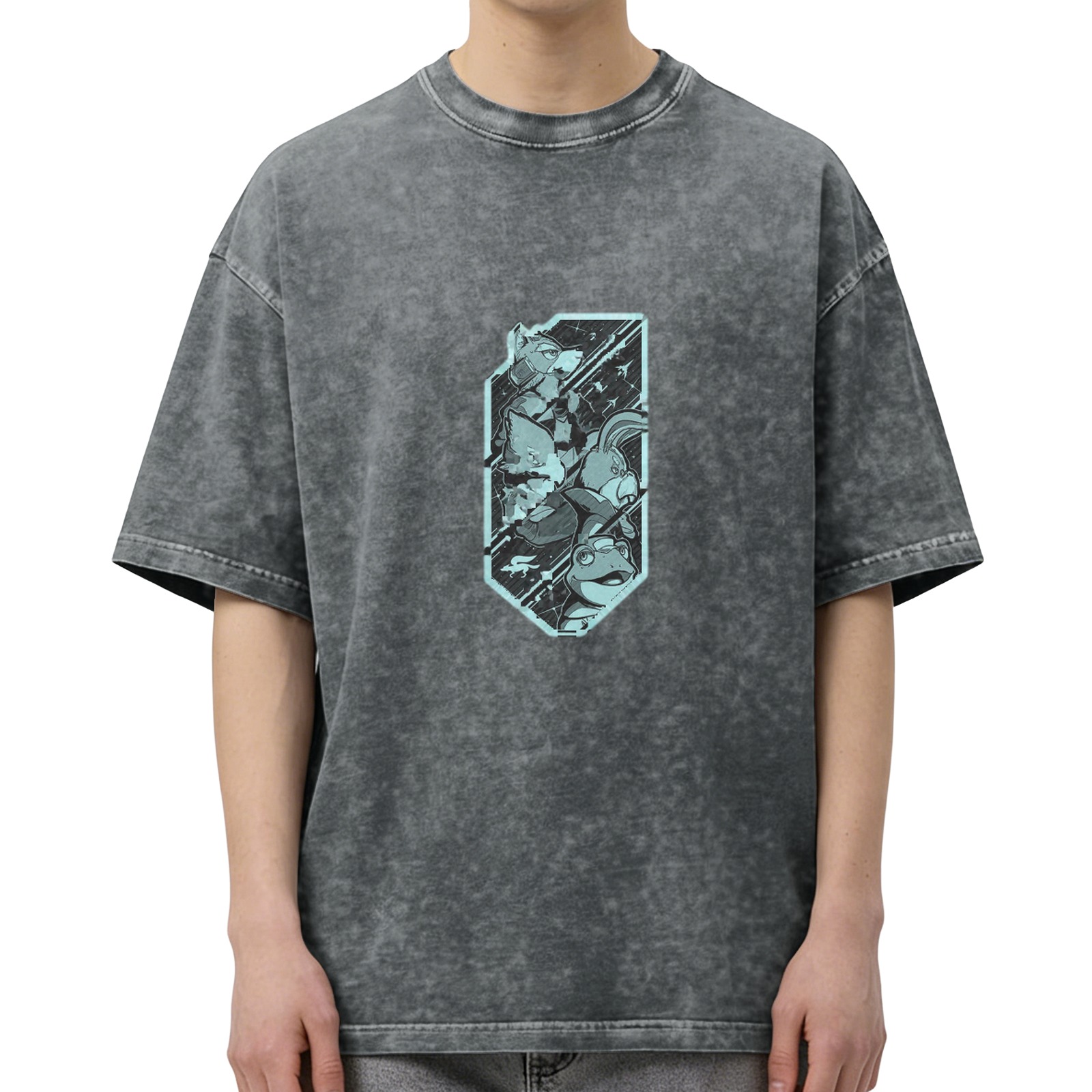 Washed Black Oversized T-Shirt With Teal Cartoon Character Graphic