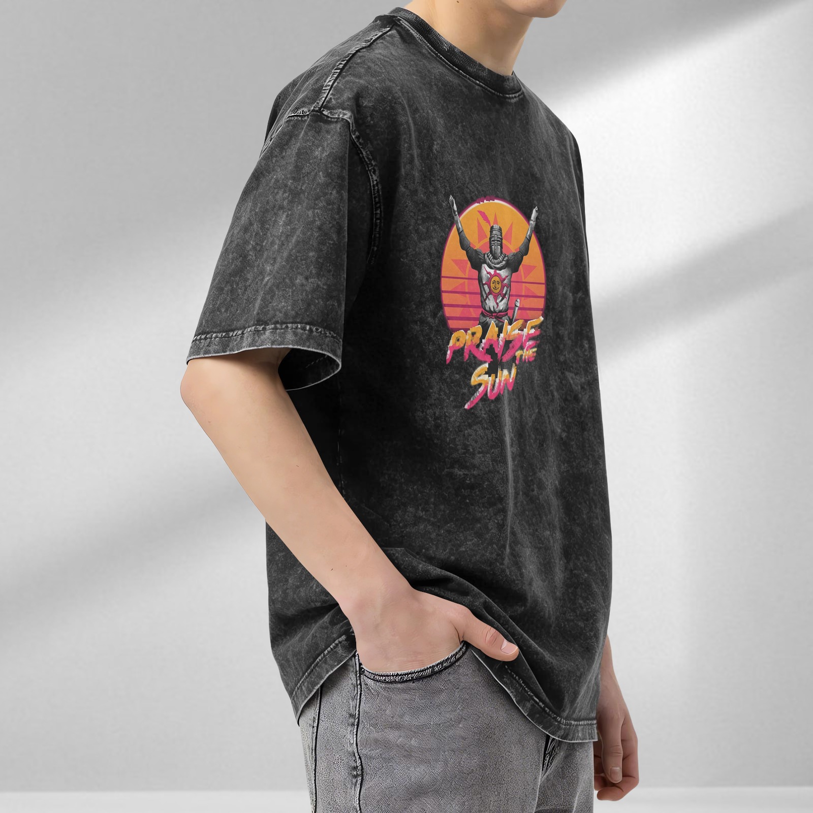 Dark Souls Praise The Sun Retro Graphic Acid Wash Oversized T-Shirt